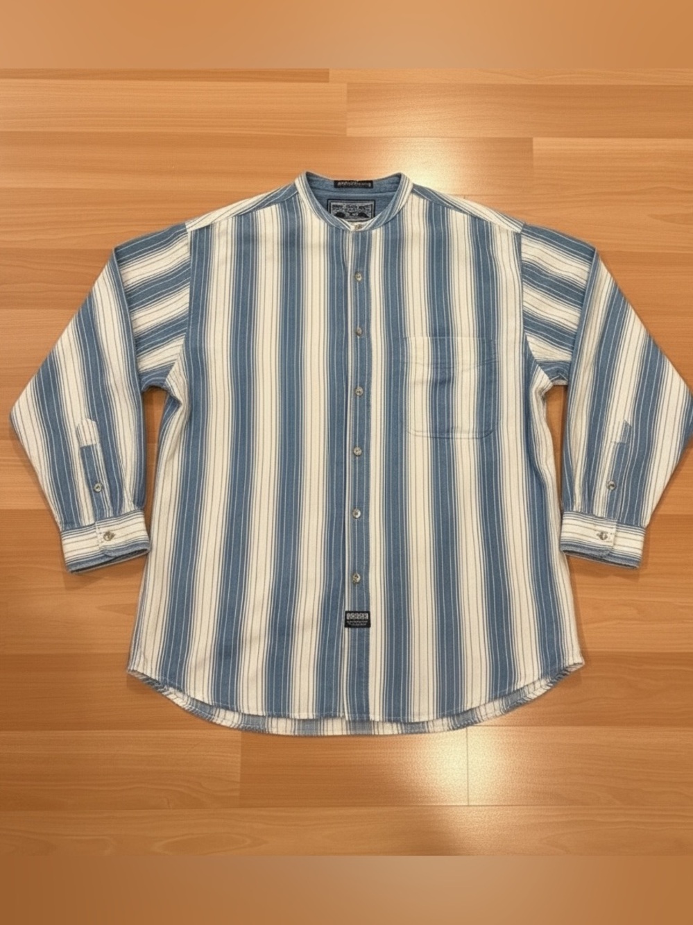 Vintage 90s Coliseum Blue White Striped Cotton Band Collar Shirt Mens Large